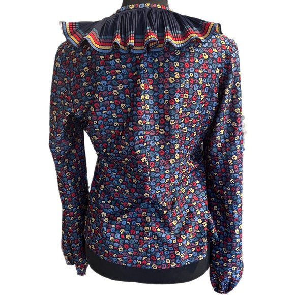 1960s colorful abstract pattern blouse with striped frill collar - Picture 7 of 8